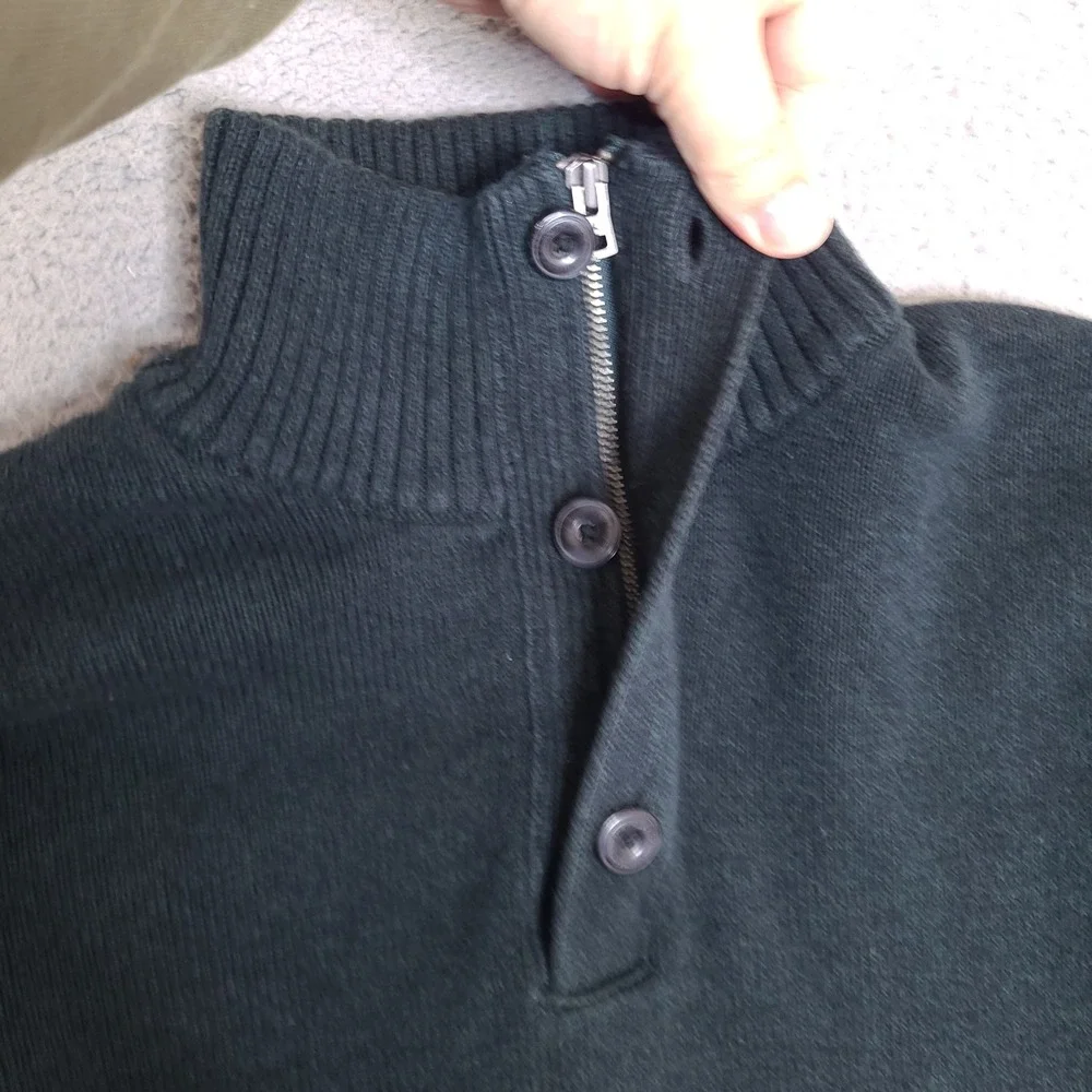 American Eagle Sweater Mens Large Forest Green Athletic Fit Button Zip Mock Neck